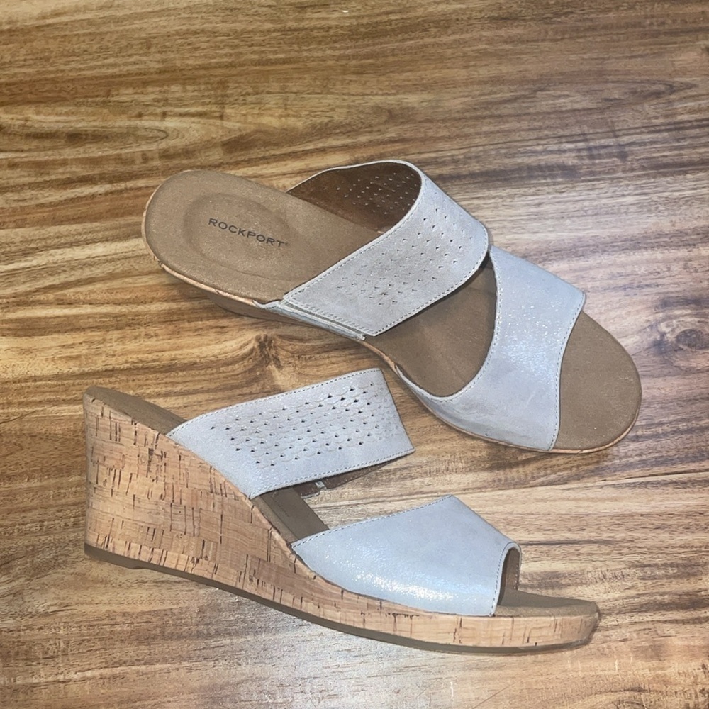 Rockport women’s sandals 11 wedge heel silver grey sparkle comfort stretch 3”